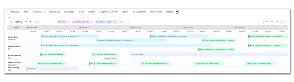 Driver timeline calendar showing routes and availability across five drivers