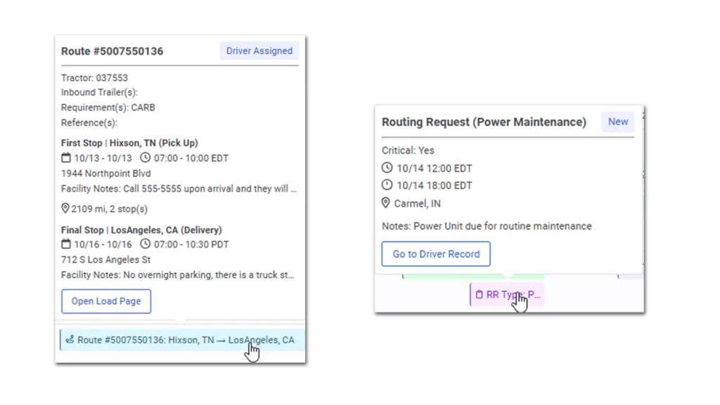 Driver timeline details for an assigned route and a maintenance request