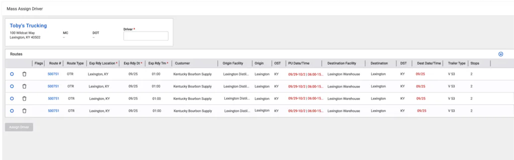 Mass driver assignment screen listing four selected routes