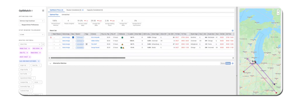 OptiMatch optimal plan with an alternative matches panel and route map