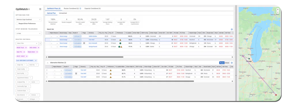 OptiMatch optimal and alternative route matches with a route map